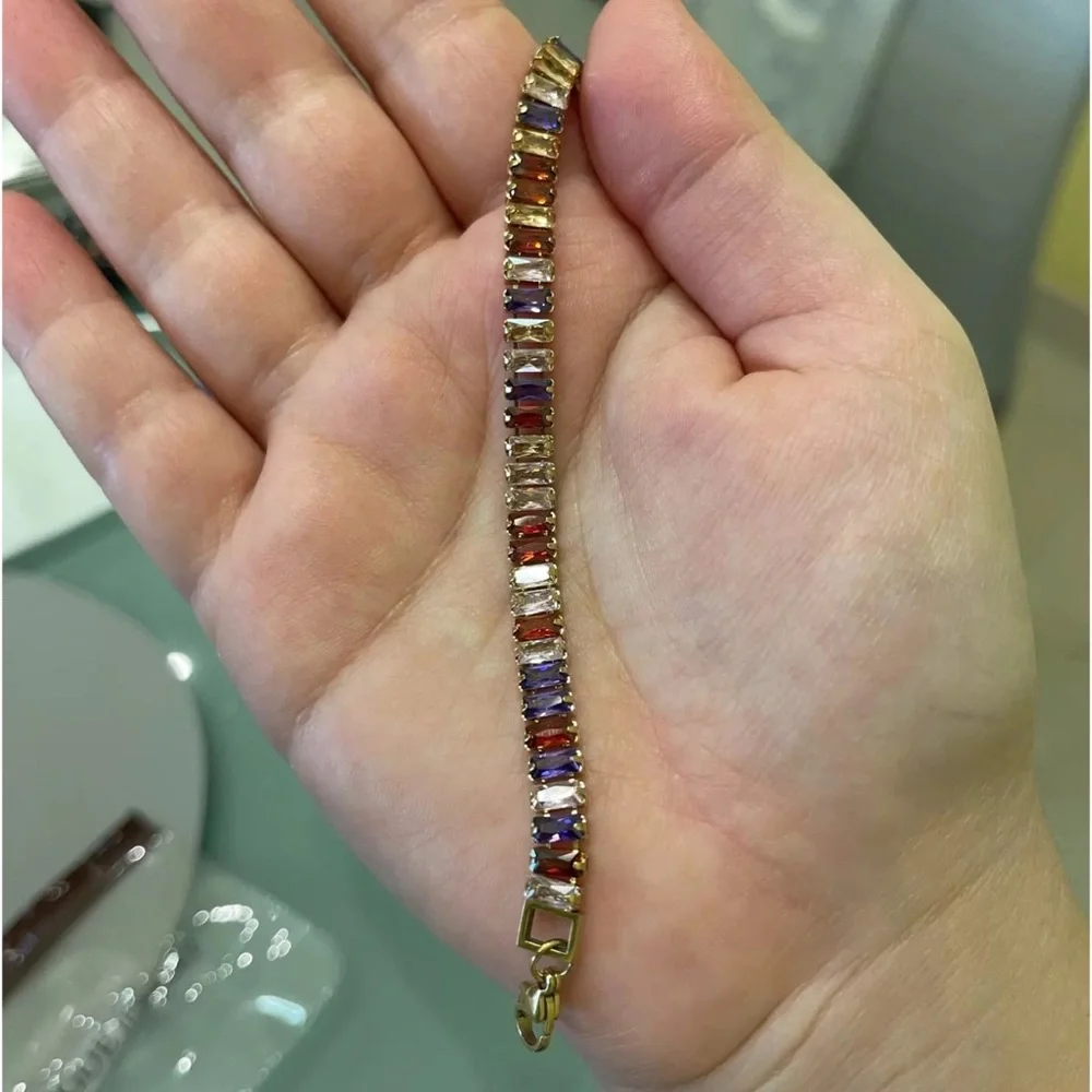 Zara Rainbow Emerald Cut Rectangle Multi-Color Baroque Crystals Bead Bracelet